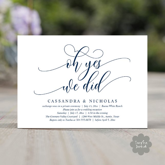 Invitación Sí, Lo Hicimos, Moderna Recepción De Bodas Románti (Oh Yes, We Did, Modern Romantic Modern Wedding Reception Invitation Card PDF Classy Navy Blue)
