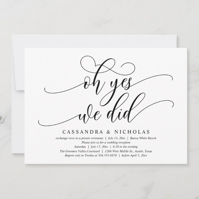 Invitación Sí, Lo Hicimos, Moderna Recepción De Bodas Románti (Anverso)