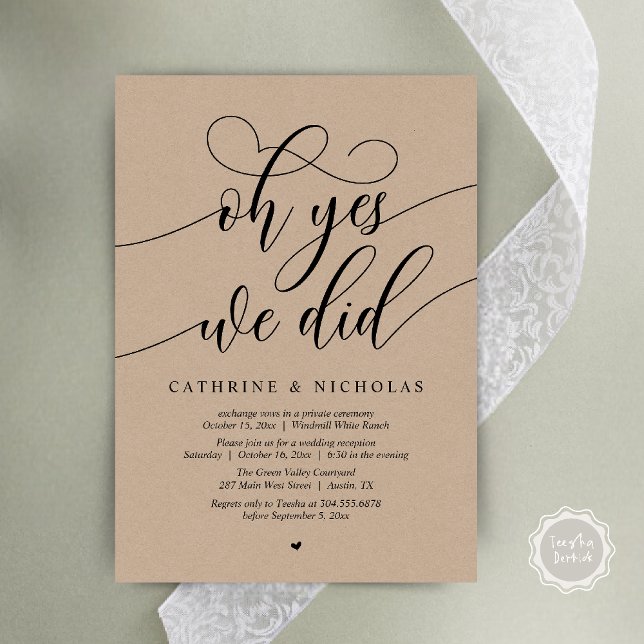 Invitación Sí, Lo Hicimos, Recepción De Boda De Guión Moderno (Oh Yes, We Did, Modern Script Wedding Reception Invitation Card PDF Brown Kraft)