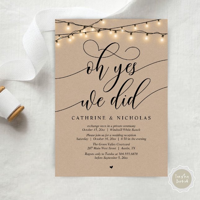 Invitación Sí, Lo Hicimos, Recepción De Boda De Guión Moderno (Oh Yes, We Did, Modern Script Wedding Reception Invitation Card PDF Brown Kraft String Lights)