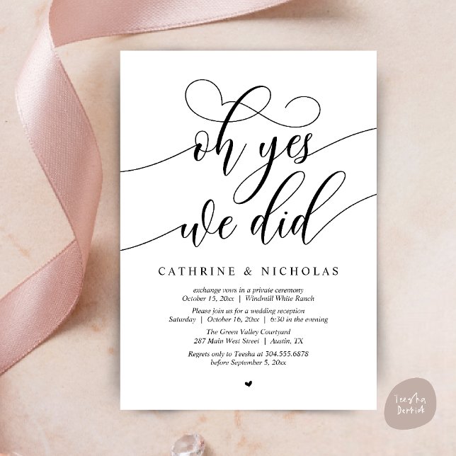 Invitación Sí, Lo Hicimos, Recepción De Boda De Guión Moderno (Oh Yes, We Did, Modern Script Wedding Reception Invitation Card PDF Black White)