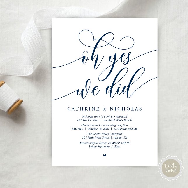 Invitación Sí, Lo Hicimos, Recepción De Boda De Guión Moderno (Oh Yes, We Did, Modern Script Wedding Reception Invitation Card PDF Navy Blue)
