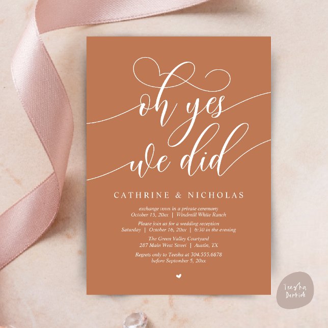 Invitación Sí, Lo Hicimos, Recepción De Boda De Guión Moderno (Oh Yes, We Did, Modern Script Wedding Reception Invitation Card PDF Copper Brown)