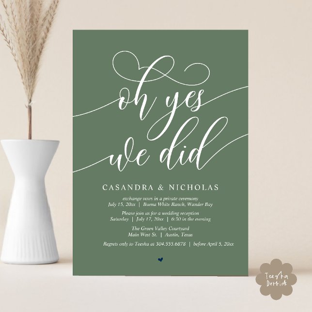 Invitación Sí, Lo Hicimos, Recepción De Boda De Guión Moderno (Oh Yes, We Did, Modern Romantic Modern Wedding Reception Invitation Card PDF Sage Green )