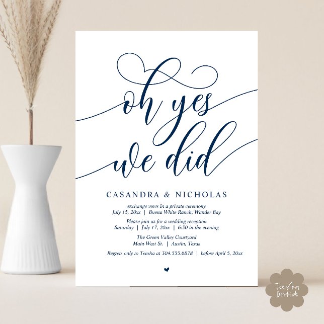 Invitación Sí, Lo Hicimos, Recepción De Boda De Guión Moderno (Oh Yes, We Did, Modern Romantic Modern Wedding Reception Invitation Card PDF Classy Navy Blue)
