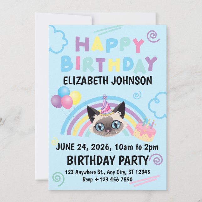 Invitación Siamese Cat Birthday Invitation in Blue (Anverso)
