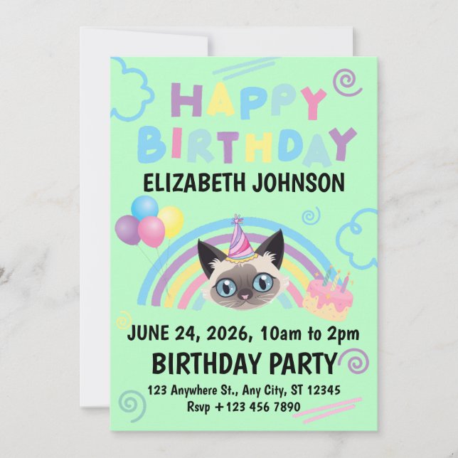 Invitación Siamese Cat Birthday Invitation in Green (Anverso)