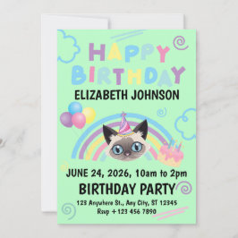 Invitación Siamese Cat Birthday Party Invitation Green