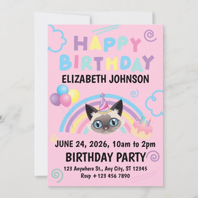 Invitación Siamese Cat Birthday Party Invitation Pink (Anverso)