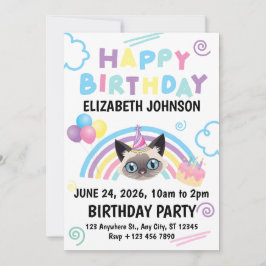 Invitación Siamese Cat Birthday Party Invitation White