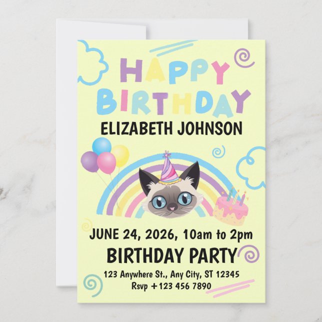 Invitación Siamese Cat Birthday Party Invitation Yellow (Anverso)