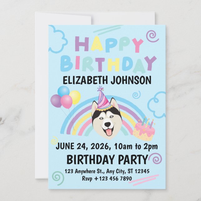 Invitación Siberian Husky Birthday Invitation in Blue (Anverso)