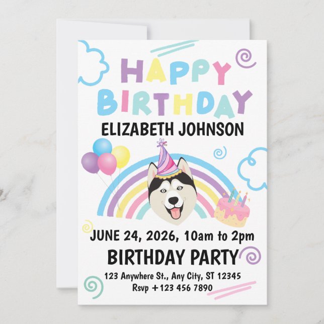 Invitación Siberian Husky Birthday Invitation in White (Anverso)