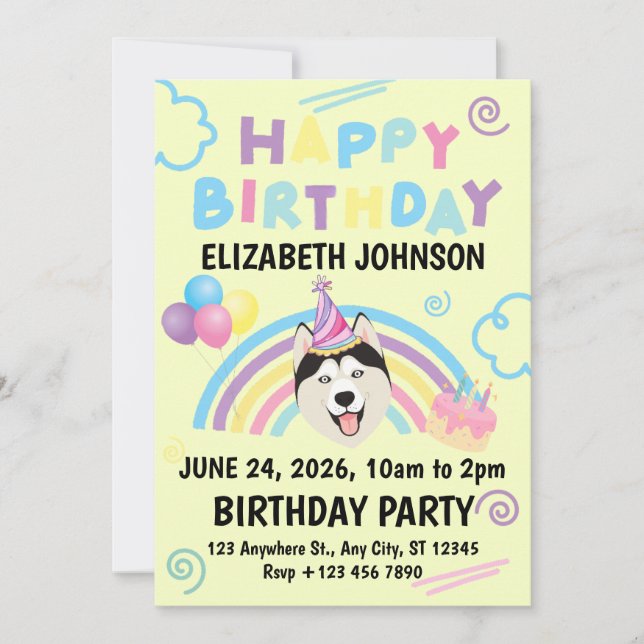 Invitación Siberian Husky Birthday Invitation in Yellow (Anverso)
