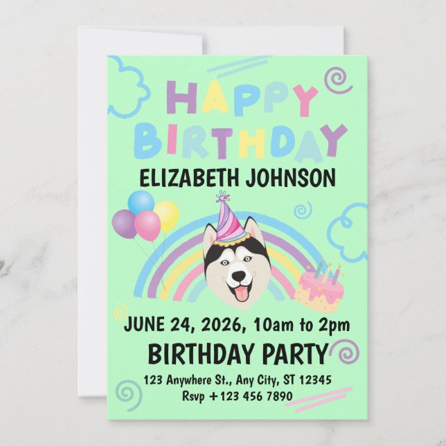 Invitación Siberian Husky Birthday Party Invitation Green (Anverso)