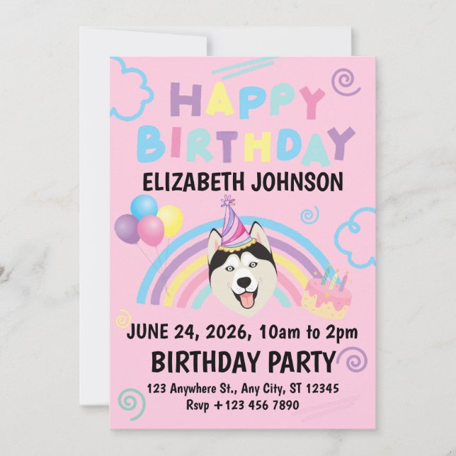 Invitación Siberian Husky Birthday Party Invitation Pink (Anverso)