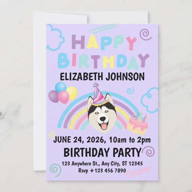 Invitación Siberian Husky Birthday Party Invitation Purple (Anverso)