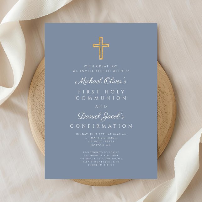 Invitación Siblings Boy First Communion Confirmation Joint (Sibling Boy First Communion Confirmation Joint Invitation)