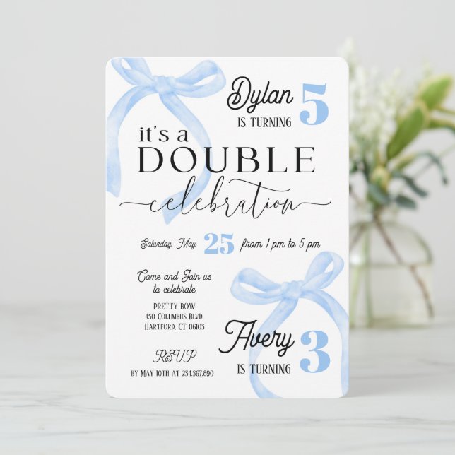 Invitación Siblings Double Birthday Blue Coquette (Anverso de pie)