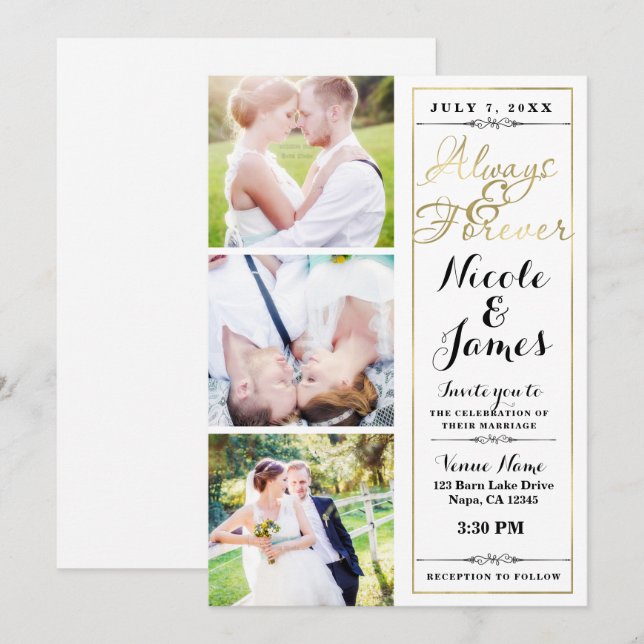 Invitación SIEMPRE Y PARA SIEMPRE Moderno 3 Foto Boda Oro Bla (Anverso / Reverso)