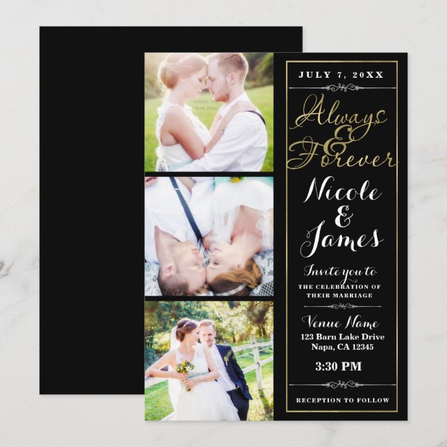 Invitación SIEMPRE Y PARA SIEMPRE Moderno 3 Foto Boda Oro Neg (Anverso / Reverso)