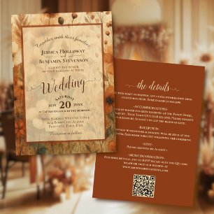 Invitación Siena Boho Floral Caligrafía y Código QR Boda