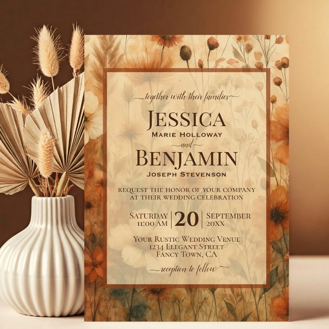 Invitación Siena Quemada Boho Chic Flores Silvestres Elegante (Subido por el creador)