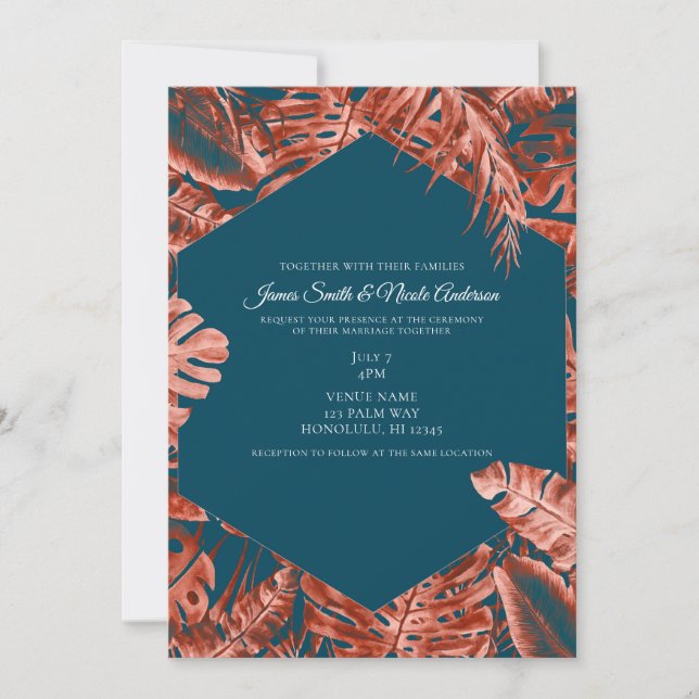 Invitación Siena quemada y Boda de hojas tropicales Verde azu (Anverso)