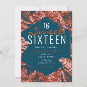 Invitación Siena Quemada y Hojas de Palma Tropical Verde Azul