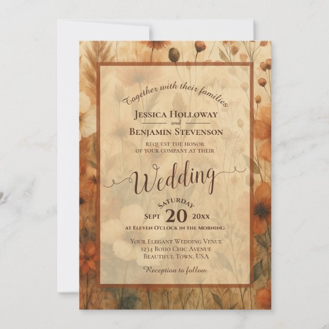 Invitación Sienna Boho Floral Calligraphy & QR Code Wedding (Anverso)