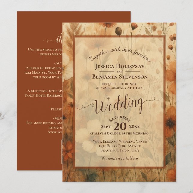 Invitación Sienna Boho Floral Calligraphy & QR Code Wedding (Anverso / Reverso)