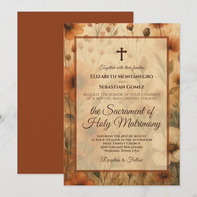 Invitación Sienna Boho Watercolor Floral Catholic Wedding (Anverso / Reverso)