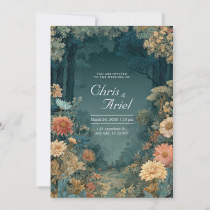 Invitación Sierra oscura floral azul teal bohemio bosque somb
