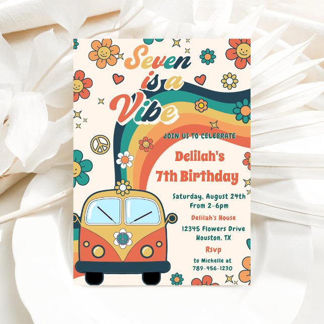Invitación Siete es un Vibe Groovy Floral Retro 7º cumpleaños (Subido por el creador)