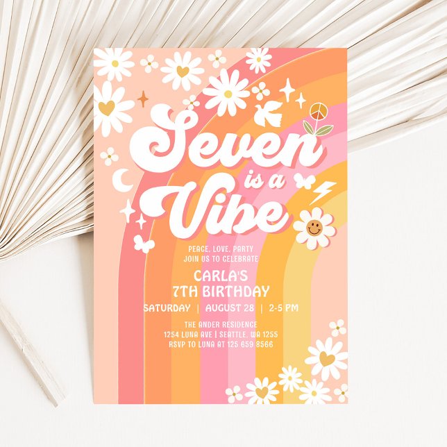 Invitación SIETE es un Vibe Peach Peach 7º cumpleaños Groovy (Subido por el creador)