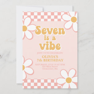 Invitación Siete es un Vibe Retro Check Pink Daisy