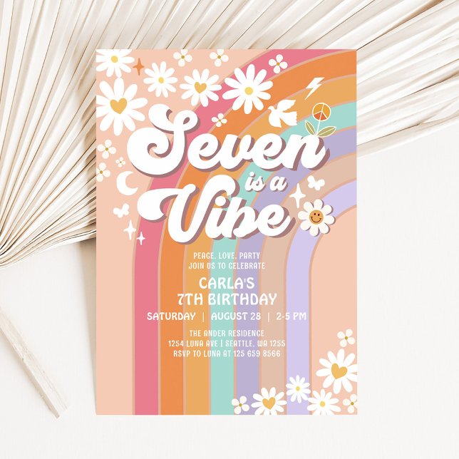 Invitación SIETE es una Vibra Daisy Arcoíris Hippie Cumpleaño (Subido por el creador)