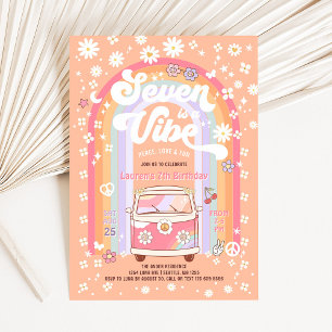 Invitación SIETE es una Vibra Genial Furgoneta Hippie Cumplea