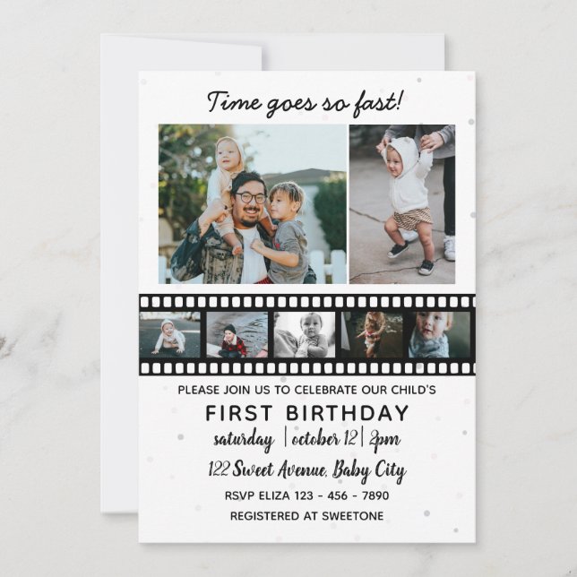 Invitación Siete fotos reúnen el primer cumpleaños de un niño (Anverso)