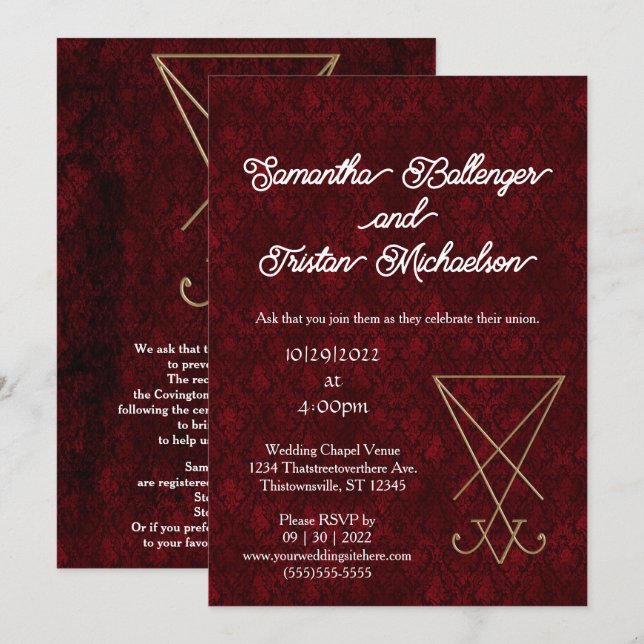 Invitación Sigilia de Lucifer en oro en Boda satánico de Dama (Anverso / Reverso)