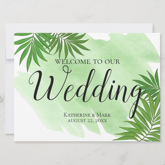 Invitación Signo de bienvenida boda hojas de palmeras tropica (Anverso)