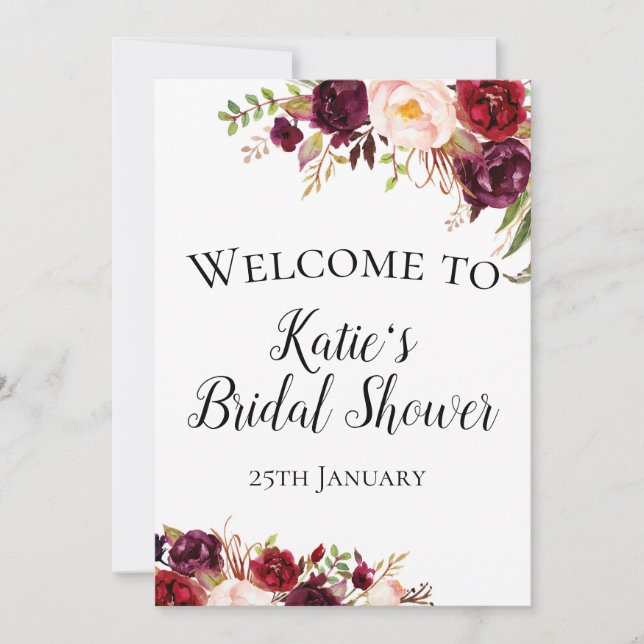 Invitación Signo de bienvenida de flores de Boho Borgoña de 5 (Anverso)