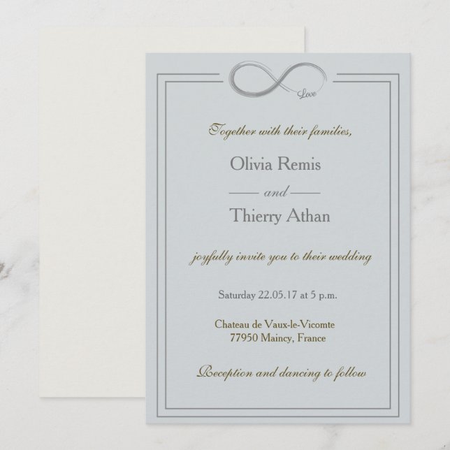 Invitación Signo de infinito boda azul claro oro gris (Anverso / Reverso)