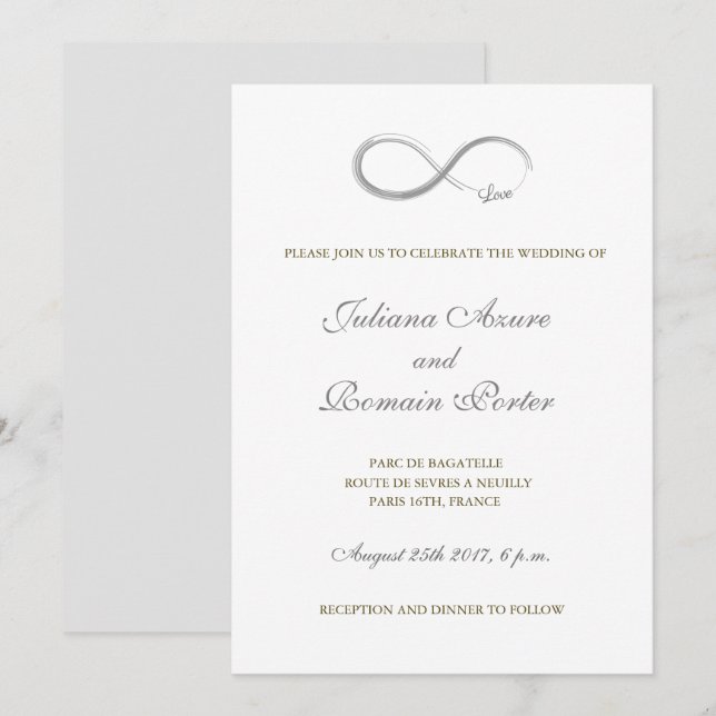 Invitación Signo de infinito boda gris dorado puro (Anverso / Reverso)
