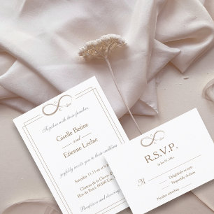 Invitación Signo de Infinito Monograma Bodas RSVP Oro Blanco