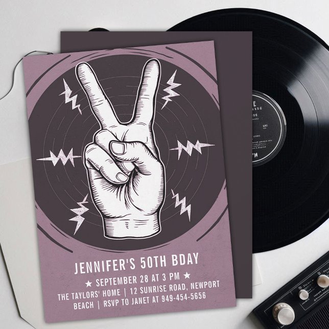 Invitación Signo de paz del Fiesta de rock Adulto rosa Cumple (music musician rock adult birthday party invitation men modern lavender pink peace sign drawing)