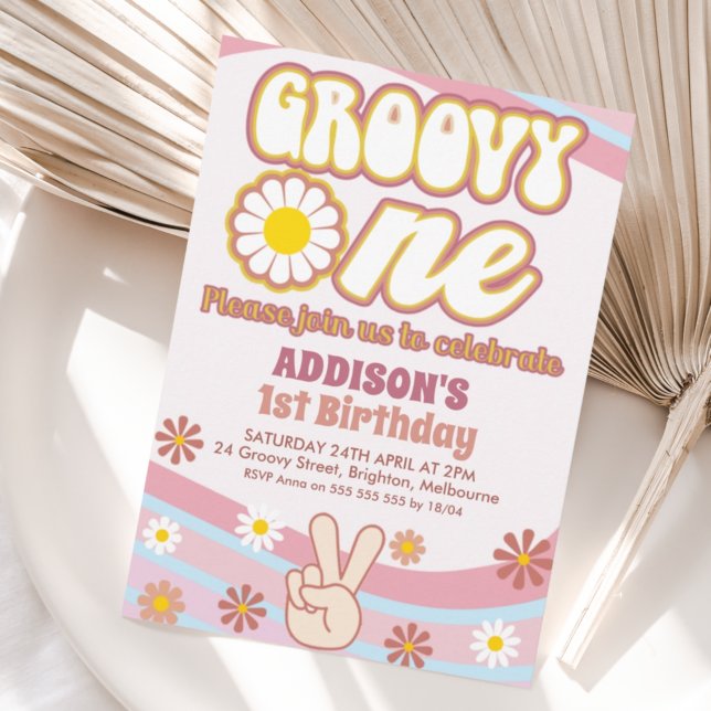 Invitación Signo de paz Groovy de marea azul rosada un cumple (Subido por el creador)
