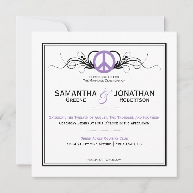 Invitación Signo de paz púrpura negrita Boda blanco (Anverso)