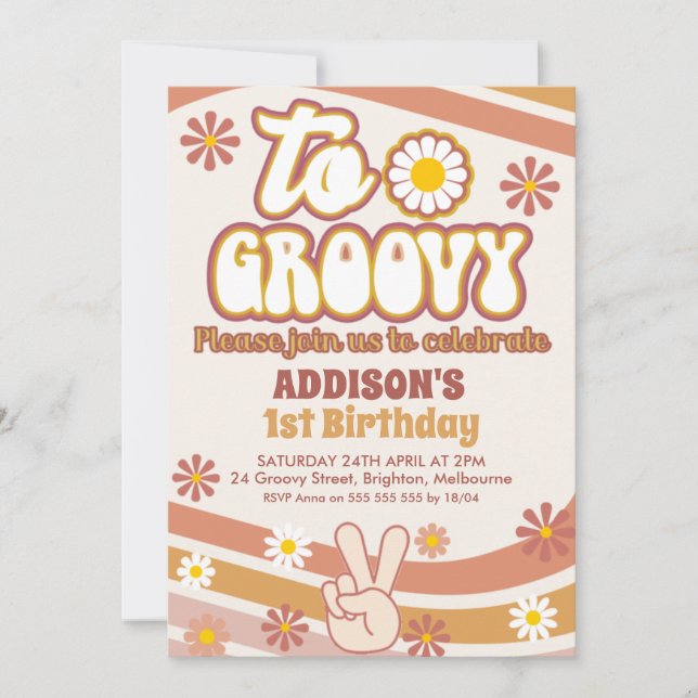 Invitación Signo de paz Retro Daisies Dos cumpleaños Groovy (Anverso)