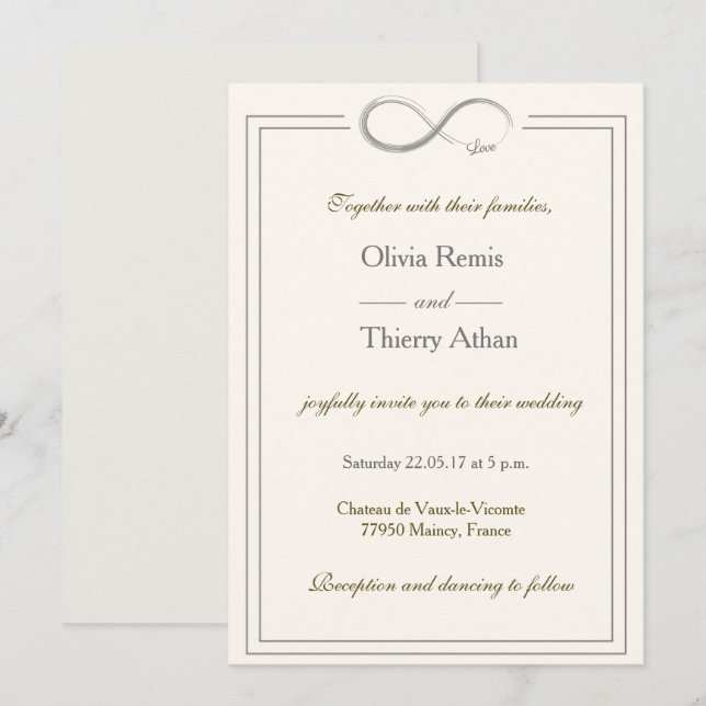 Invitación Signo infinito marfil blanco boda gris dorado (Anverso / Reverso)